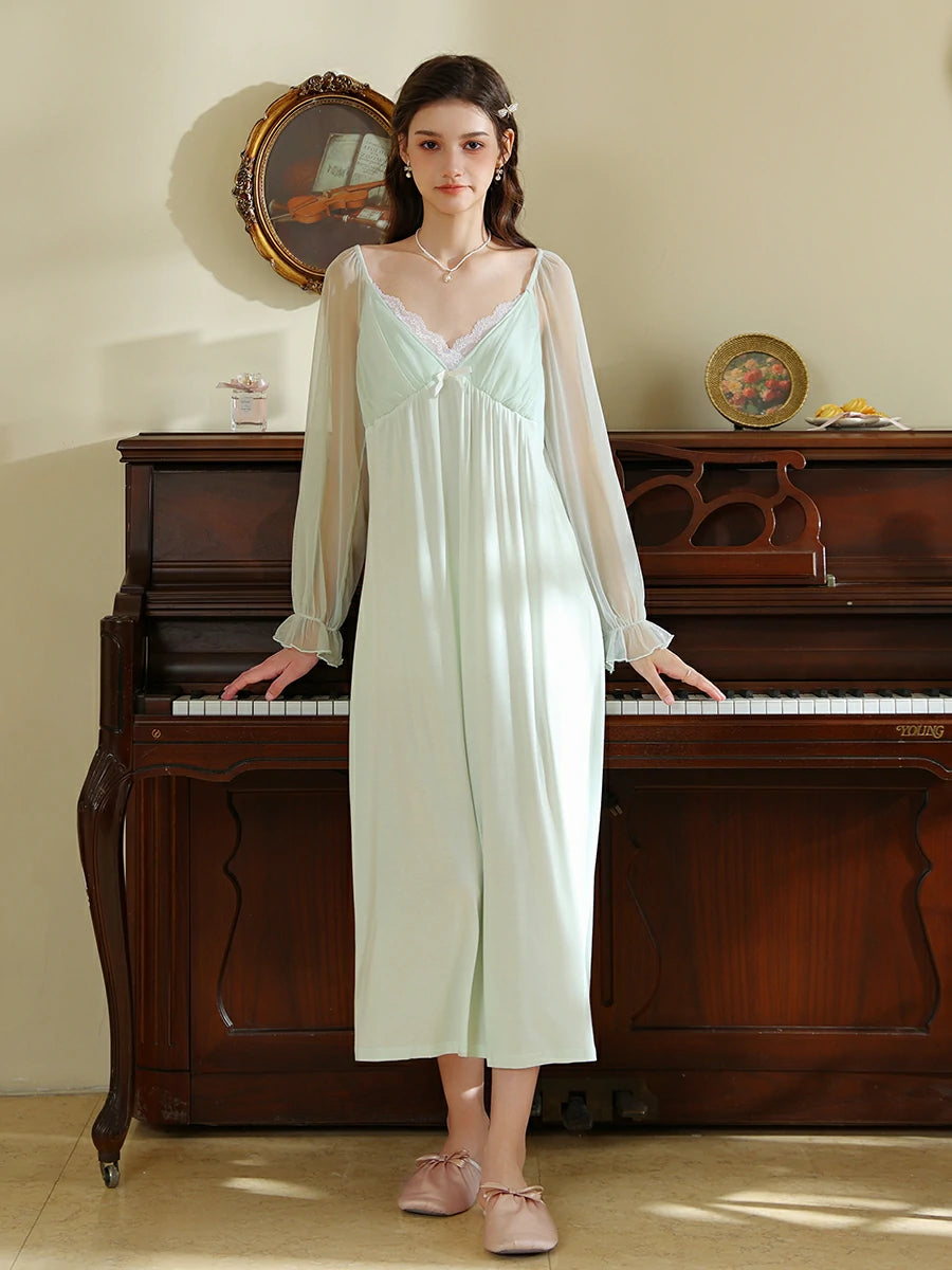 Slessic Vintage French Romantic Exquisite Lace Sweet Bow See-through Mesh Long-sleeved Nightdress Nightwear Sleepwear