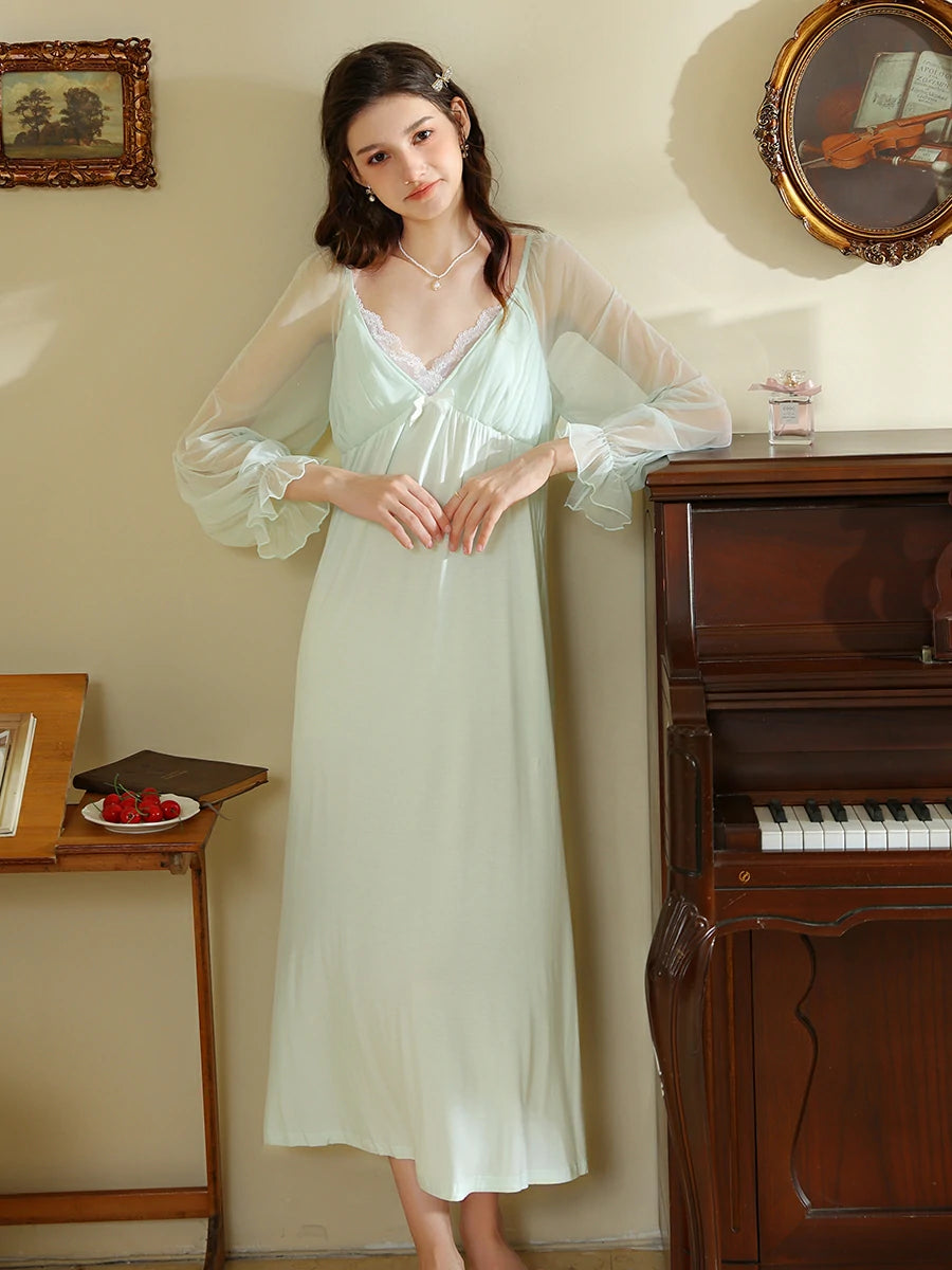 Slessic Vintage French Romantic Exquisite Lace Sweet Bow See-through Mesh Long-sleeved Nightdress Nightwear Sleepwear