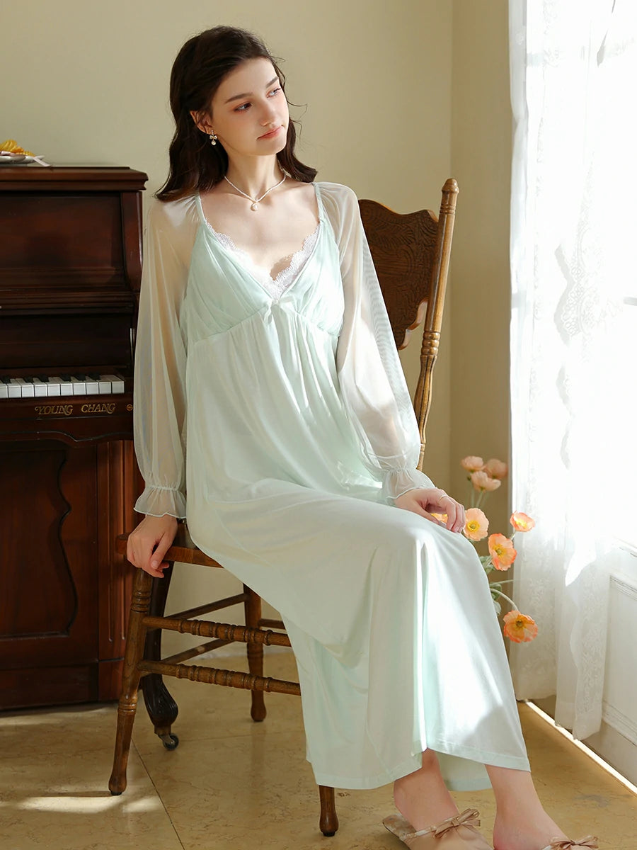 Slessic Vintage French Romantic Exquisite Lace Sweet Bow See-through Mesh Long-sleeved Nightdress Nightwear Sleepwear