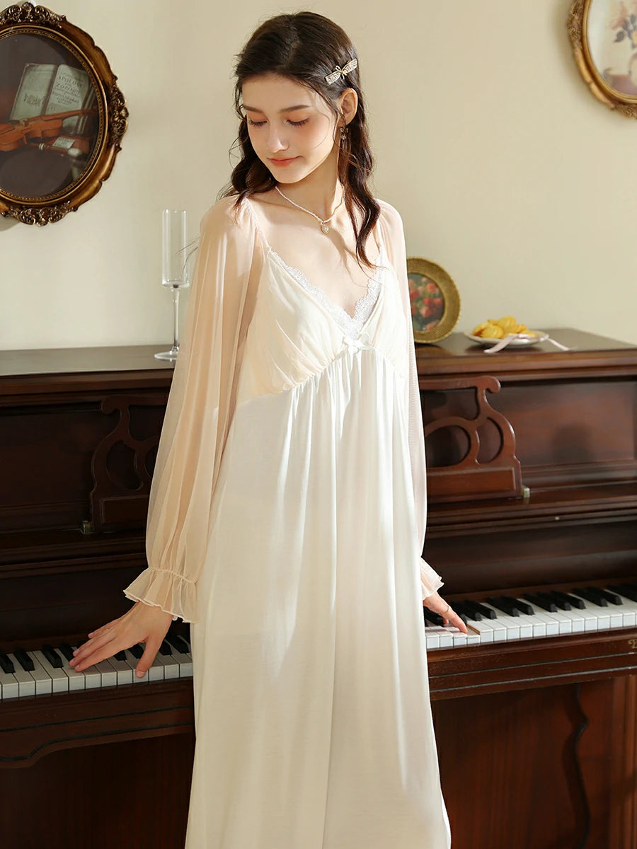 Slessic Vintage French Romantic Exquisite Lace Sweet Bow See-through Mesh Long-sleeved Nightdress Nightwear Sleepwear