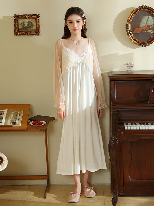 Slessic Vintage French Romantic Exquisite Lace Sweet Bow See-through Mesh Long-sleeved Nightdress Nightwear Sleepwear