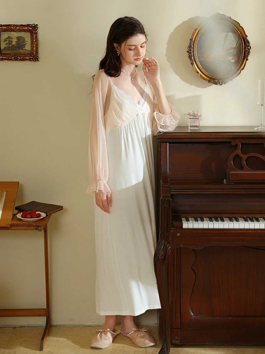 Slessic Vintage French Romantic Exquisite Lace Sweet Bow See-through Mesh Long-sleeved Nightdress Nightwear Sleepwear