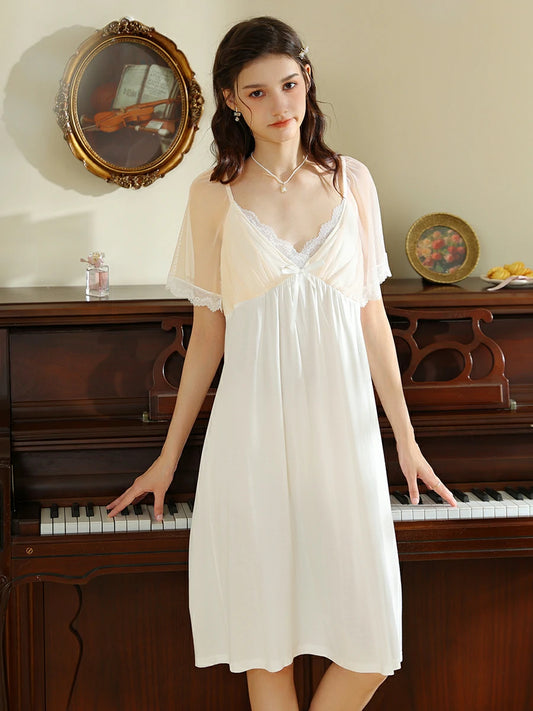 Slessic French Vintage Romantic Exquisite Lace Cute Bow Contrasting colors Mesh See-through Short-sleeved Nightdress Nightwear Sleepwear
