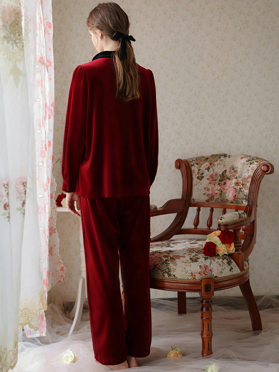 Slessic Vintage Romantic Womens Nightwear For Spring Autumn And Winter Simple Gold Velvet Splicing Long-Sleeved Loungewear Pajamas Set