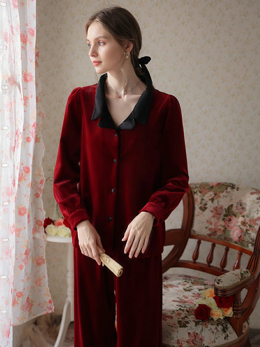 Slessic Vintage Romantic Womens Nightwear For Spring Autumn And Winter Simple Gold Velvet Splicing Long-Sleeved Loungewear Pajamas Set