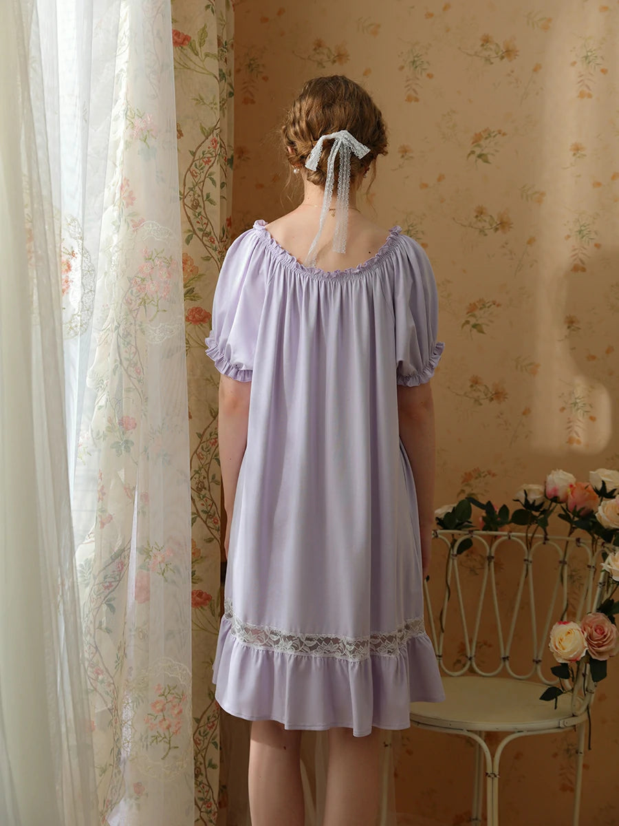 Slessic Vintage Romantic French Strap Ruffled Edge See-Through Lace Short-Sleeved Nightwear Nightgown
