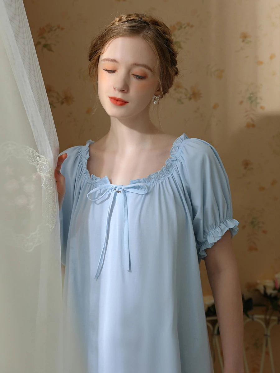Slessic Vintage Romantic French Strap Ruffled Edge See-Through Lace Short-Sleeved Nightwear Nightgown