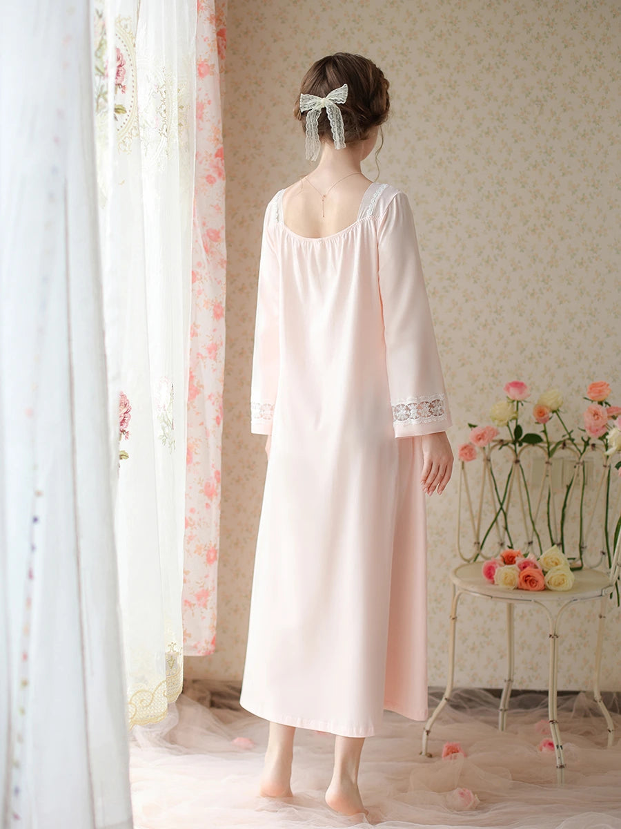 Pink Vintage Romantic Chinese Style Embroidered Lace See-Through Mesh Long-Sleeved Nightwear Nightdress