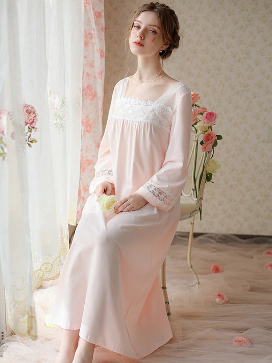 Pink Vintage Romantic Chinese Style Embroidered Lace See-Through Mesh Long-Sleeved Nightwear Nightdress