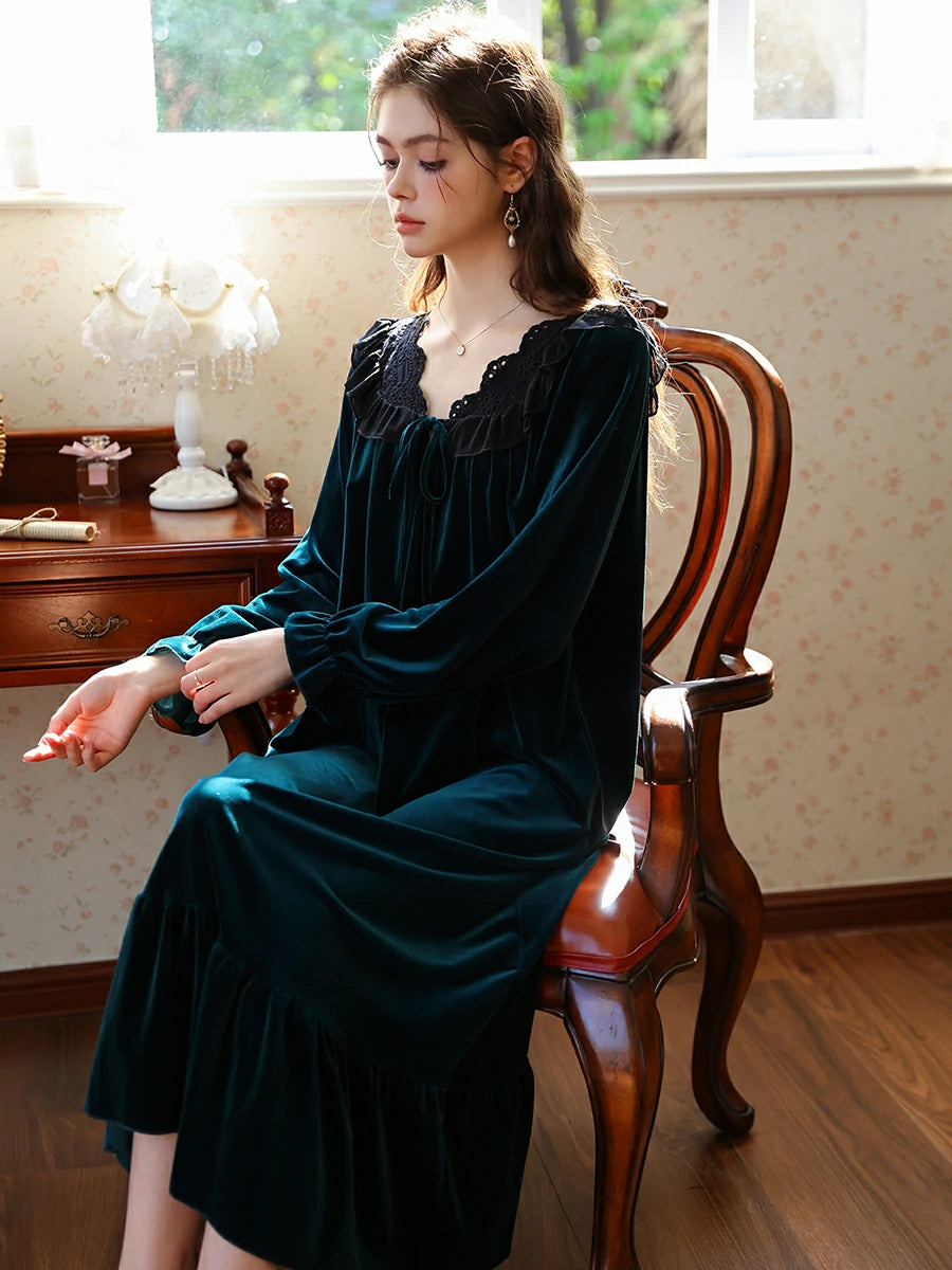 SlesSic Velvet Ruffle Nightgown Vintage Romantic Long Sleeve Sleep Dress SlesSic Velvet Ruffle Nightgown Vintage Romantic Long Sleeve Sleep Dress