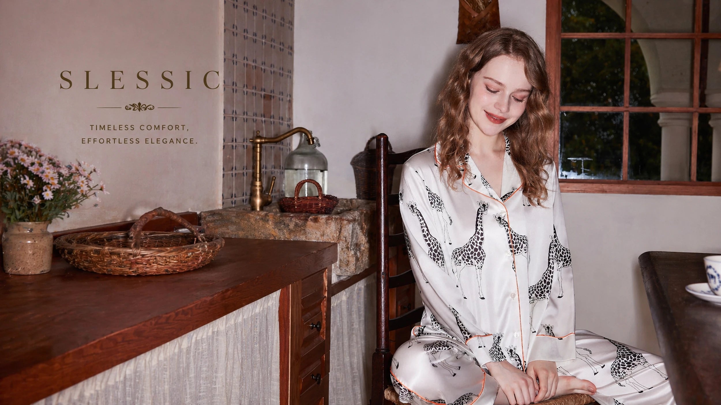 Slessic luxury silk pajamas with unique giraffe print, showcasing timeless comfort and effortless elegance in a cozy home setting