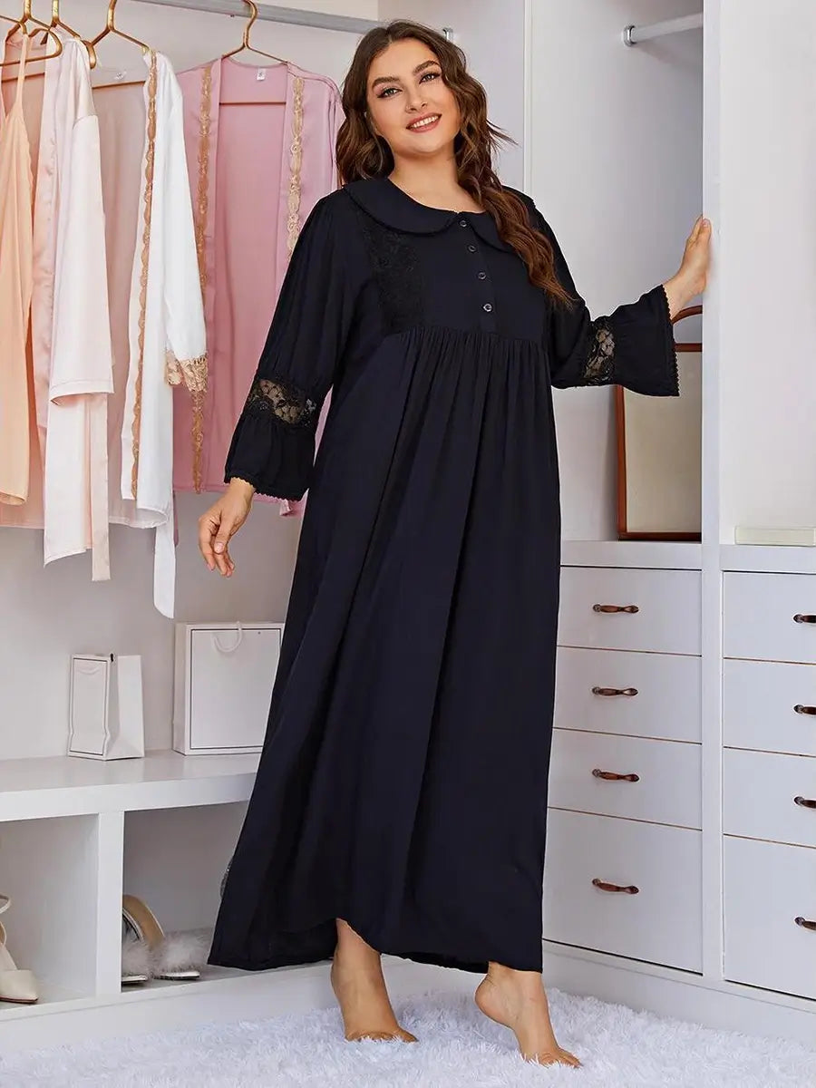 Deep Blue Plus Size Vintage Rayon Romantic Embroidered Chest Buttons See-through Lace Long-sleeved Nightwear Nightdress