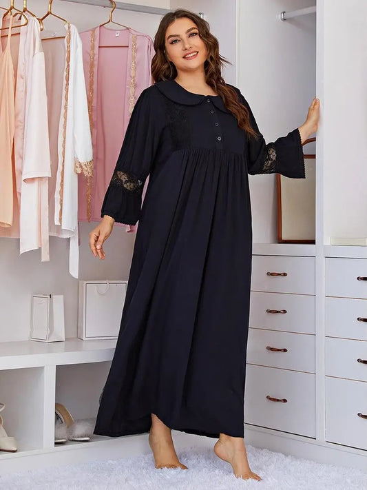 Deep Blue Plus Size Vintage Rayon Romantic Embroidered Chest Buttons See-through Lace Long-sleeved Nightwear Nightdress