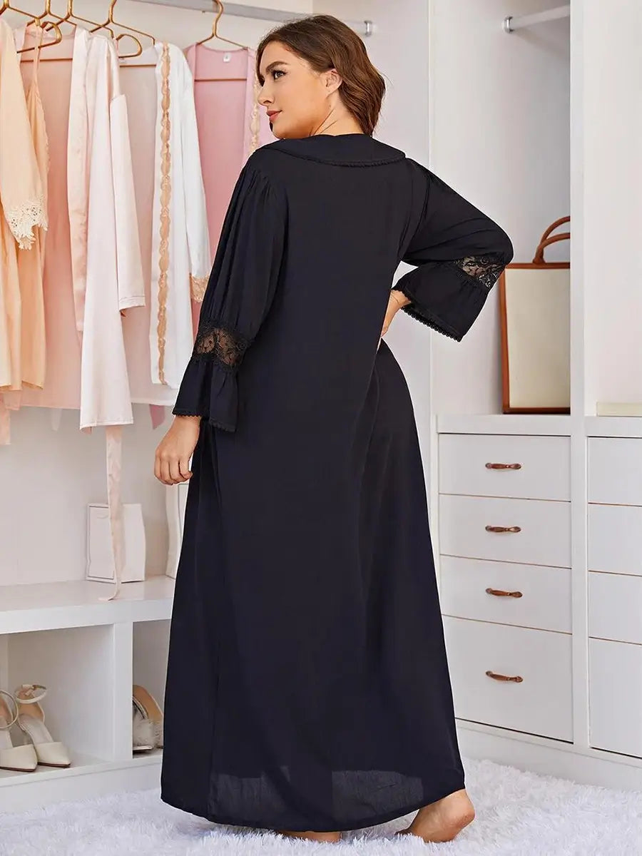 Deep Blue Plus Size Vintage Rayon Romantic Embroidered Chest Buttons See-through Lace Long-sleeved Nightwear Nightdress