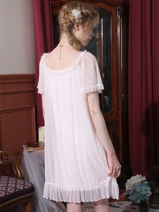 Pink Vintage Romantic See-Through Mesh Short-Sleeved Ruffled Edge Embroidered Nightwear Nightdress