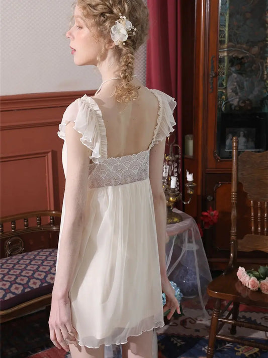 Light Yellow Vintage Romantic Ruffled Design See-Through Mesh Double Layer Lace Elegant Nightwear Nightdress