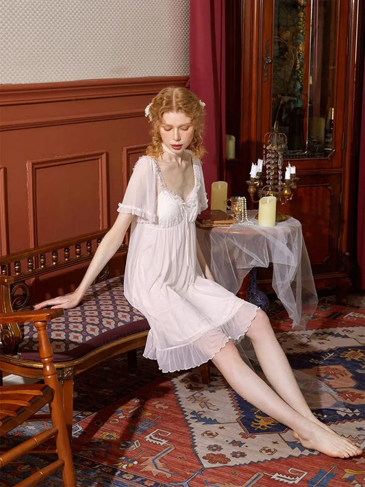 Pink Vintage Romantic See-Through Mesh Short-Sleeved Ruffled Edge Embroidered Nightwear Nightdress