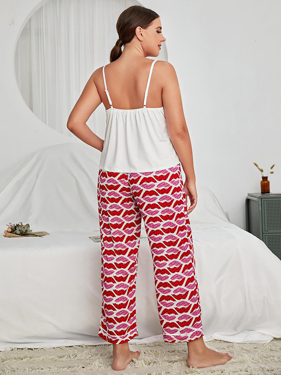 White Plus Size Classic Sexy Red Lips Print Lace Camisole Nightwear Sleepwear Pajama set