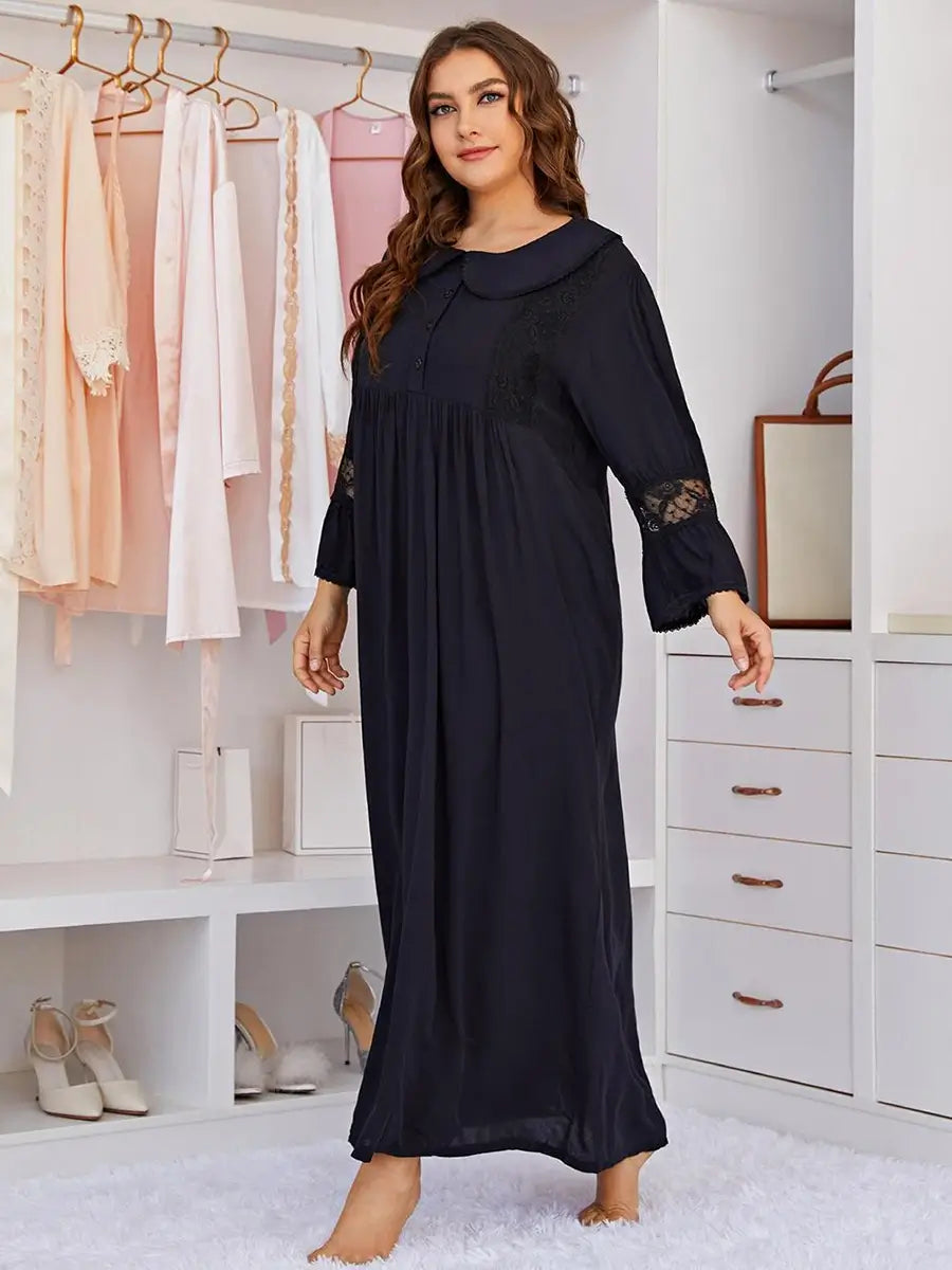 Deep Blue Plus Size Vintage Rayon Romantic Embroidered Chest Buttons See-through Lace Long-sleeved Nightwear Nightdress