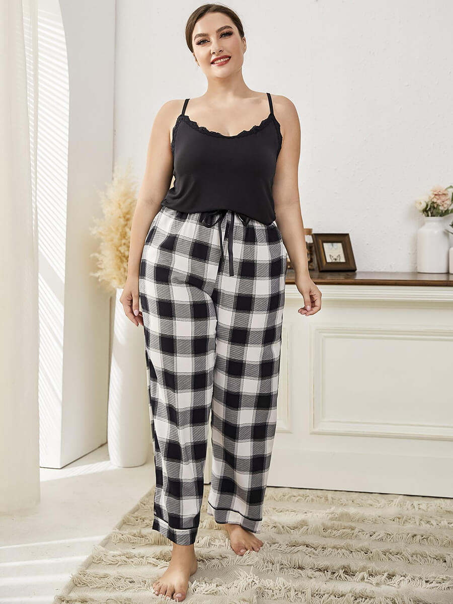 Black Plus Size Classic Lace Neckline Plaid Print Elegant Camisole Loungewear Sleepwear Pajama set