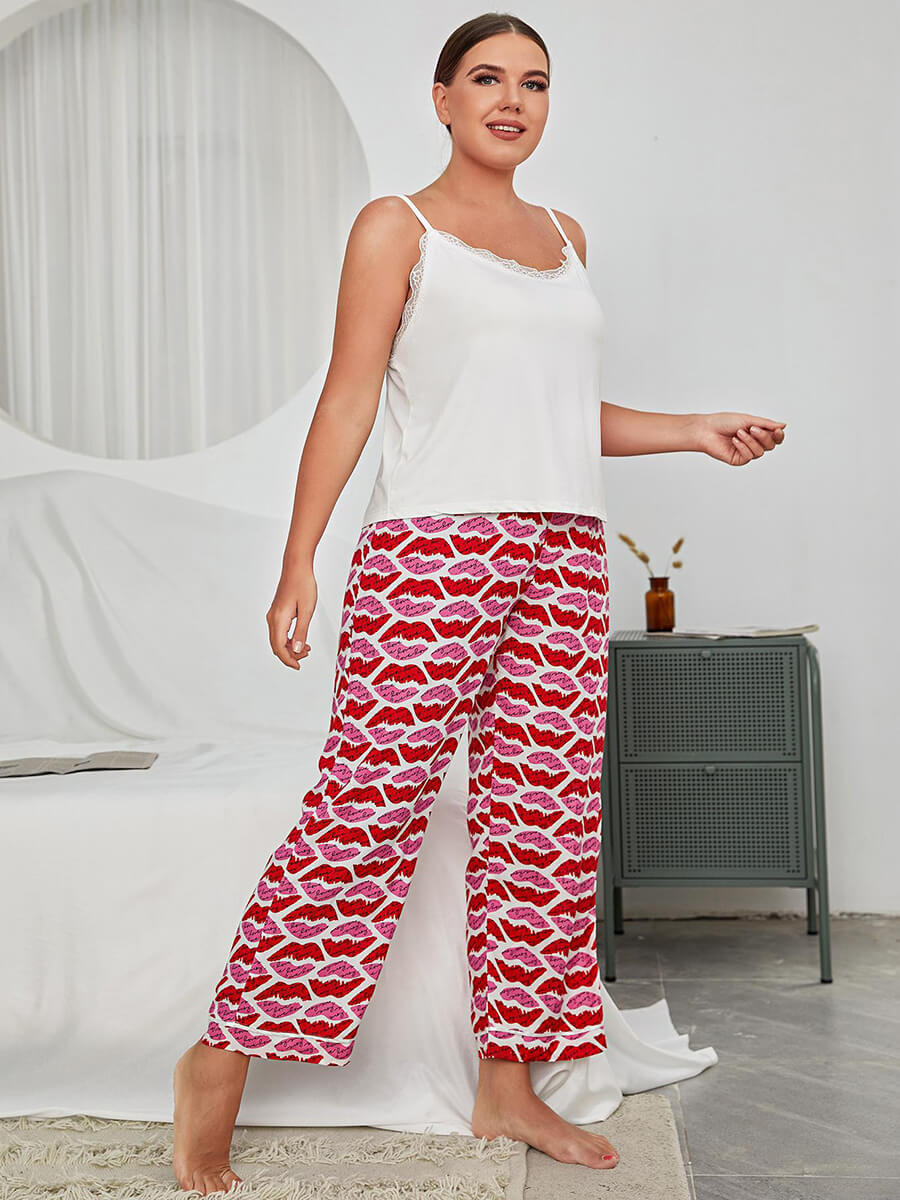 White Plus Size Classic Sexy Red Lips Print Lace Camisole Nightwear Sleepwear Pajama set