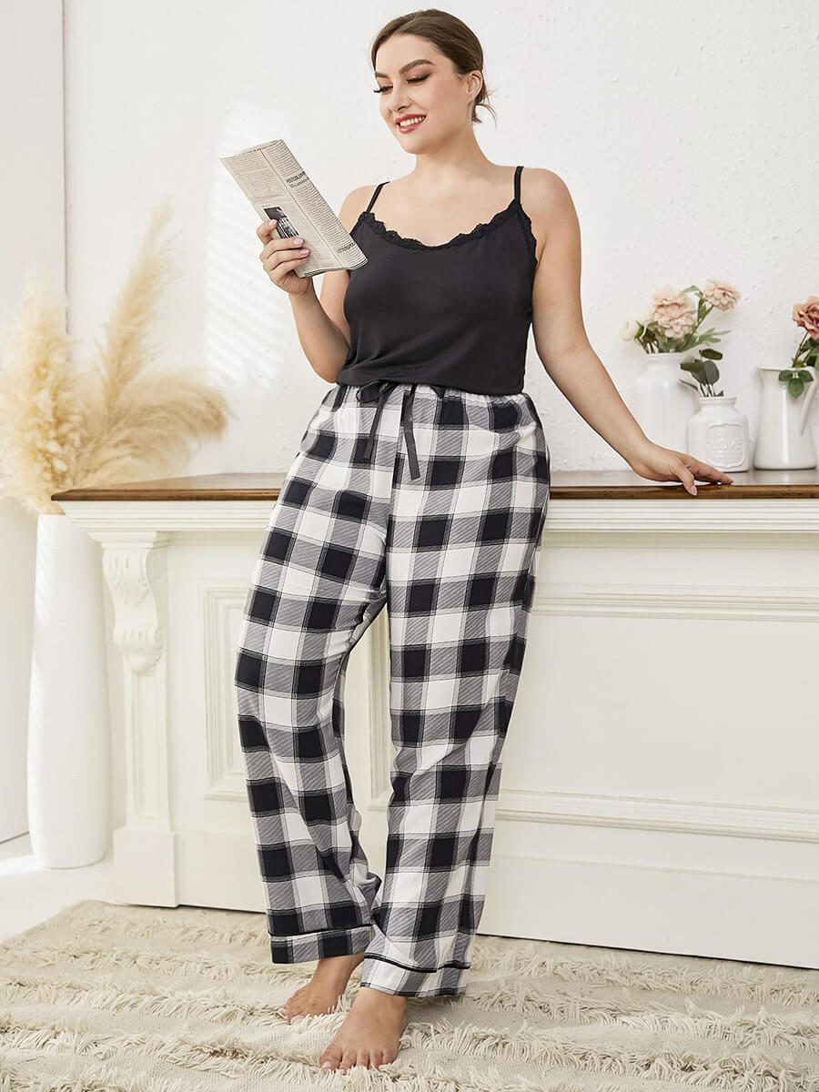 Black Plus Size Classic Lace Neckline Plaid Print Elegant Camisole Loungewear Sleepwear Pajama set