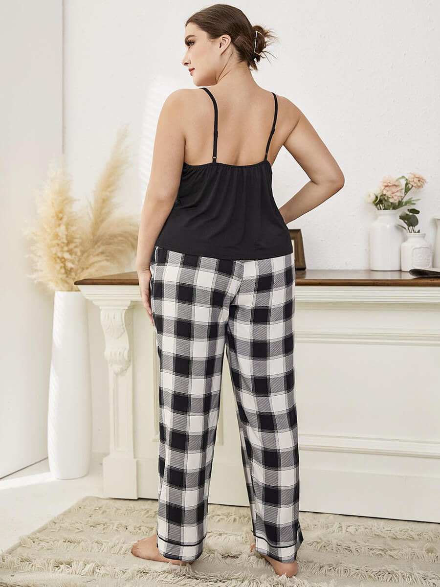 Black Plus Size Classic Lace Neckline Plaid Print Elegant Camisole Loungewear Sleepwear Pajama set