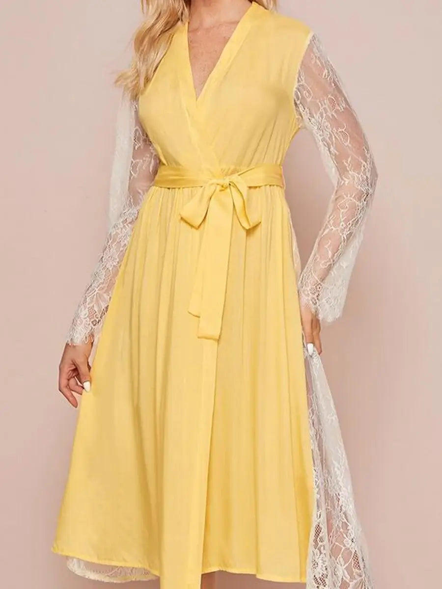 Yellow Vintage Palace Style Sexy V-neck See-through Lace Mesh Embroidered Nightwear Robe