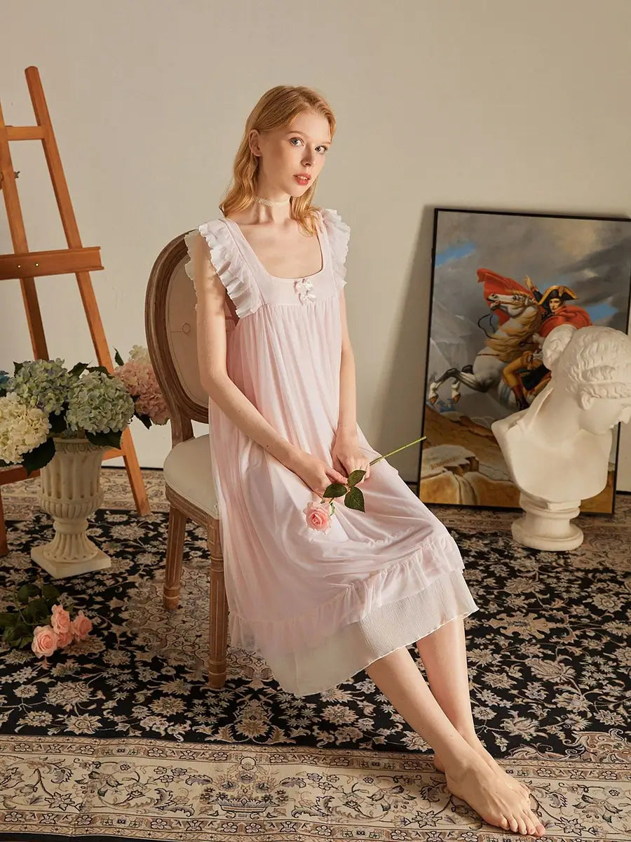 Pink Vintage Romantic Ruffled Edge Small Bow Elegant Mesh Nightwear Nightdress