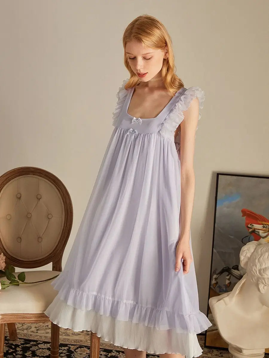 Light Purple Vintage Romantic Ruffled Edge Small Bow Elegant Mesh Nightwear Nightdress