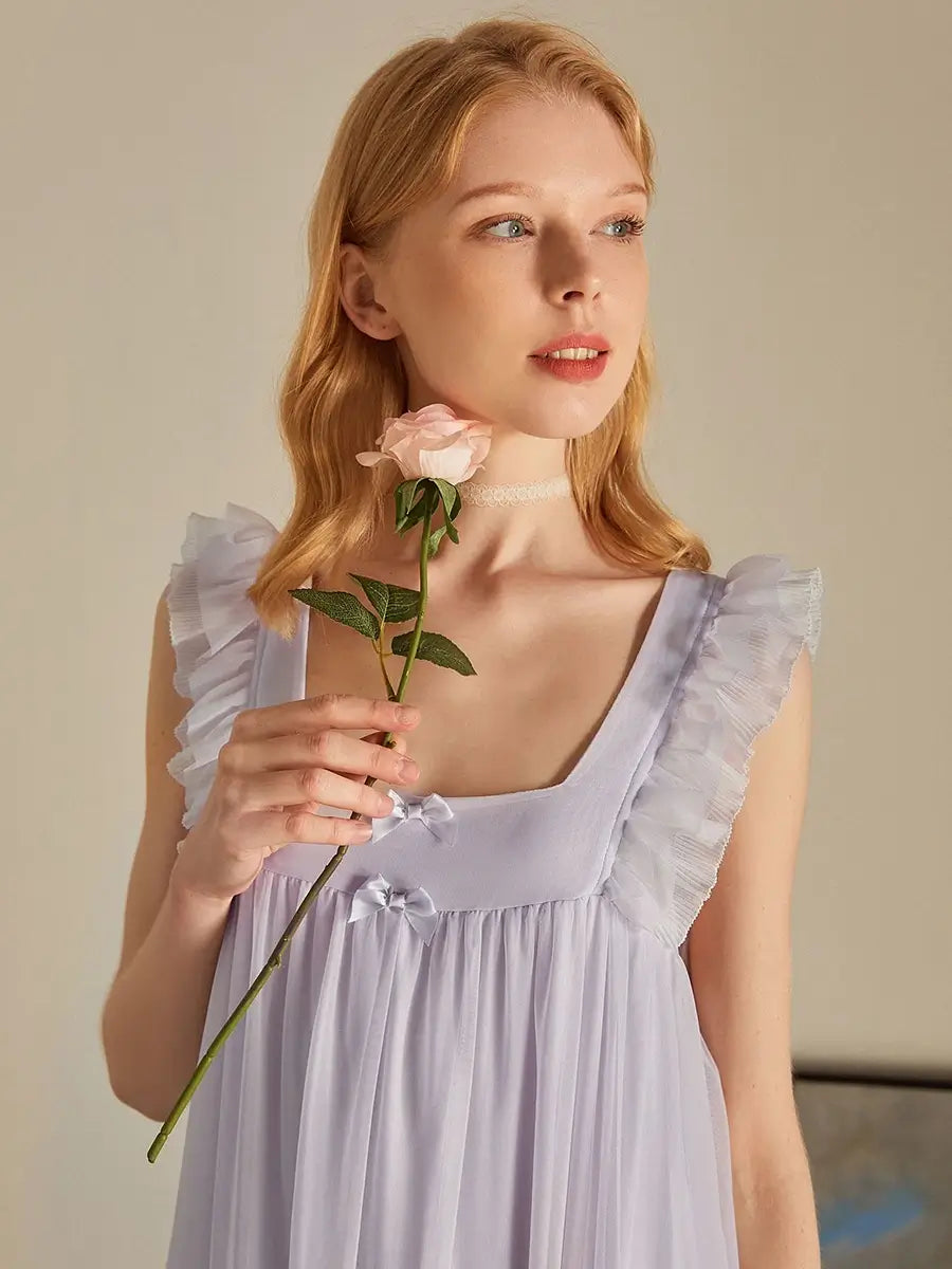 Light Purple Vintage Romantic Ruffled Edge Small Bow Elegant Mesh Nightwear Nightdress