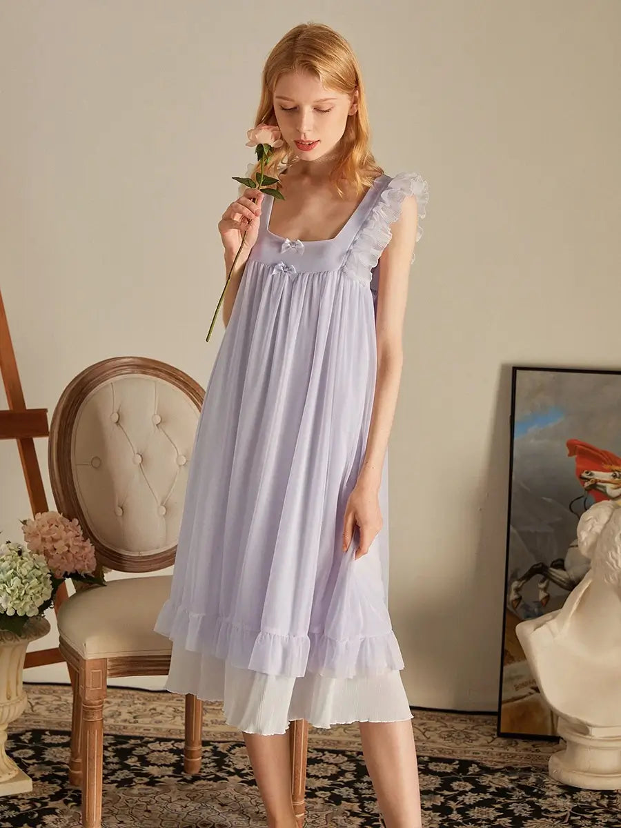 Light Purple Vintage Romantic Ruffled Edge Small Bow Elegant Mesh Nightwear Nightdress