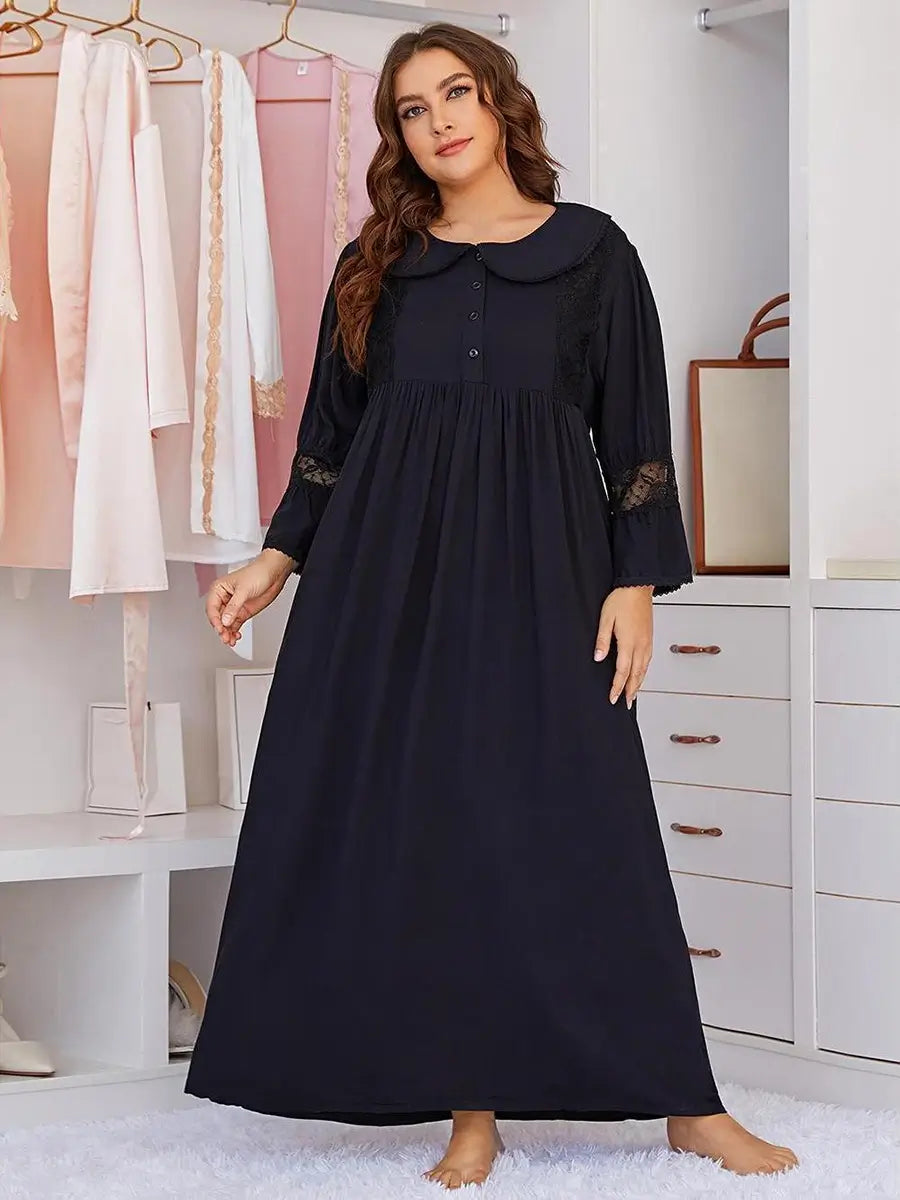Deep Blue Plus Size Vintage Rayon Romantic Embroidered Chest Buttons See-through Lace Long-sleeved Nightwear Nightdress