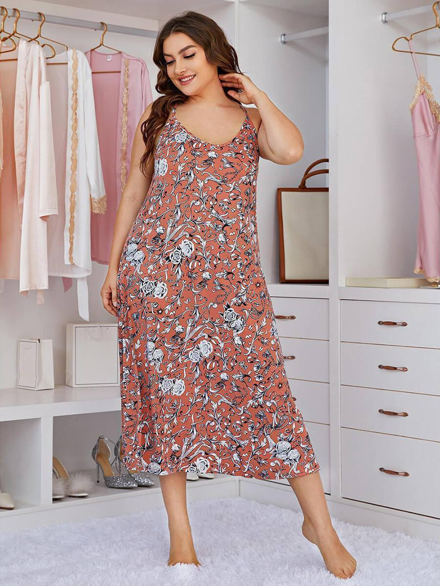 Pink Orange Classic Plus Size Fashion Floral Print Elegant Nightwear Slip Nightdress