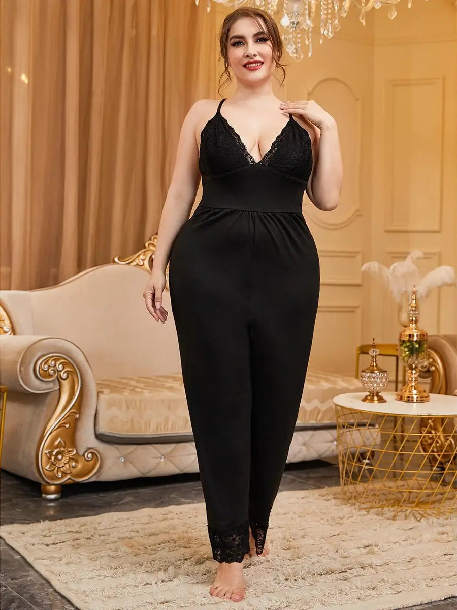 Black Vintage Sexy Plus Size Lace Embroidered Camisole See-Through Pants Hem Loungewear Nighties One-Piece Jumpsuit Pajama set