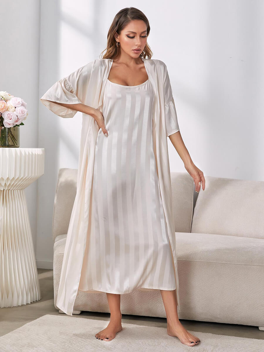 Pale Silver Classic Elegant Shiny Large Striped Satin Sexy Robe Slip Nightwear Nightdress Set