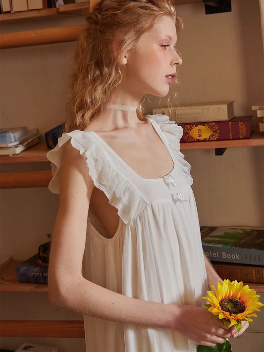 White Vintage Romantic Ruffled Edge Small Bow Elegant Mesh Nightwear Nightdress