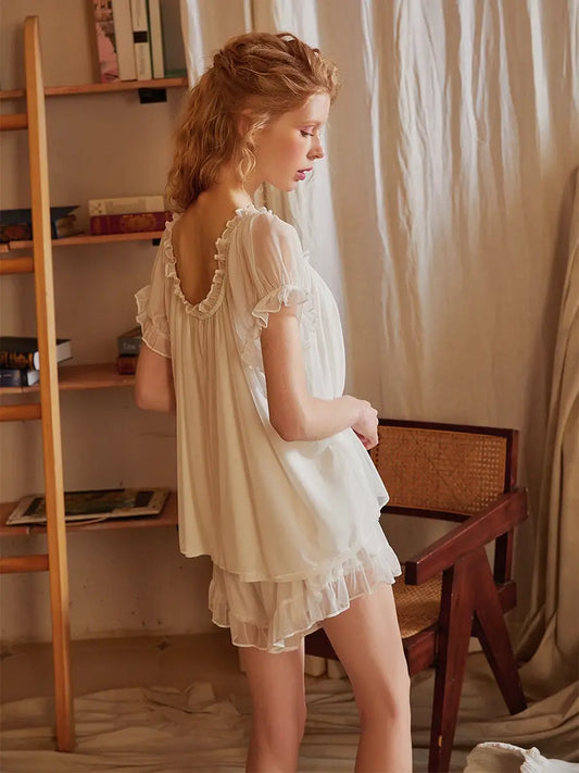White Vintage French Mesh Ribbon See-through Romantic Modal Loungewear Nightwear Pajama set