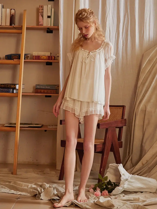 White Vintage French Mesh Ribbon See-through Romantic Modal Loungewear Nightwear Pajama set