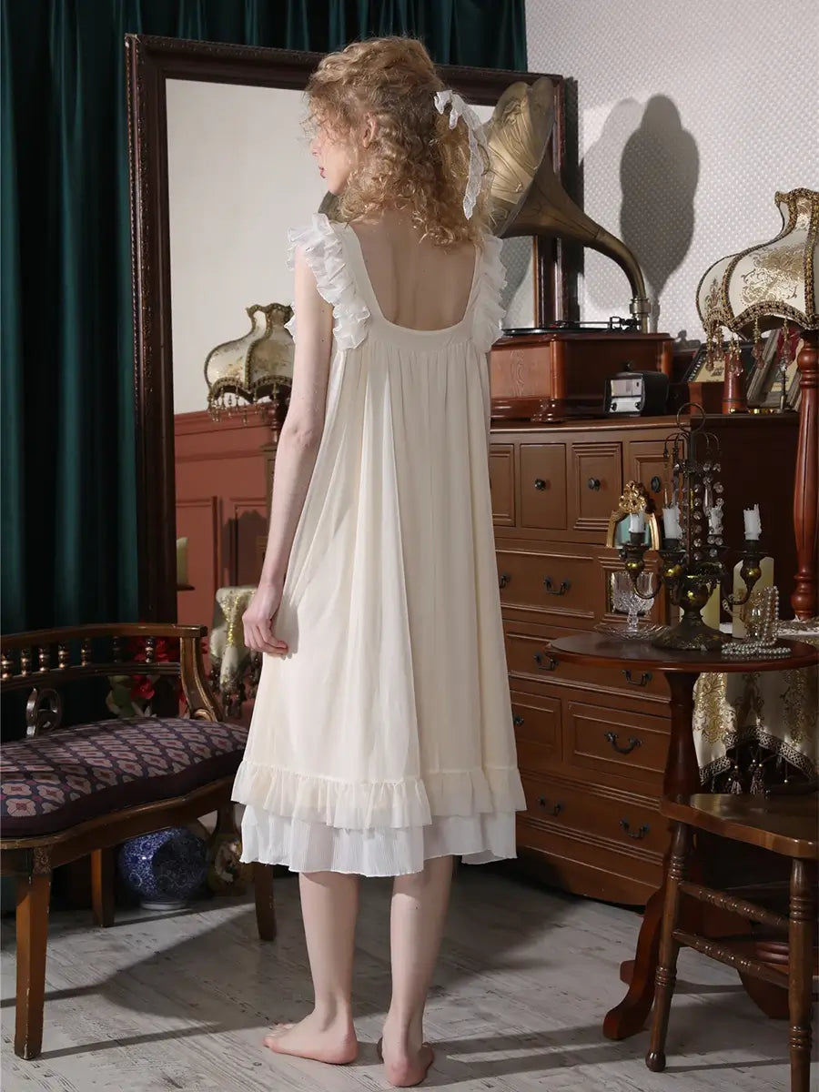 Light Yellow Vintage Romantic Ruffled Edge Small Bow Elegant Mesh Nightwear Nightdress