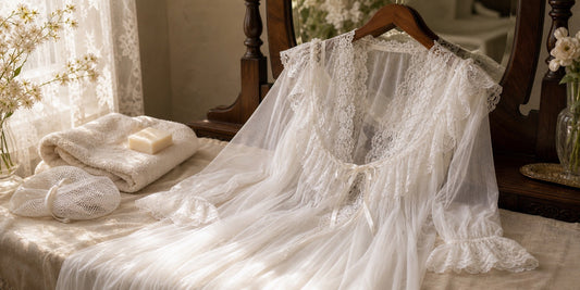 Slessic white sheer lace sleepwear care scene with DS088 robe details