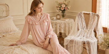 Slessic pink ruffled pajama set and white lace robe in a romantic evening routine bedroom scene