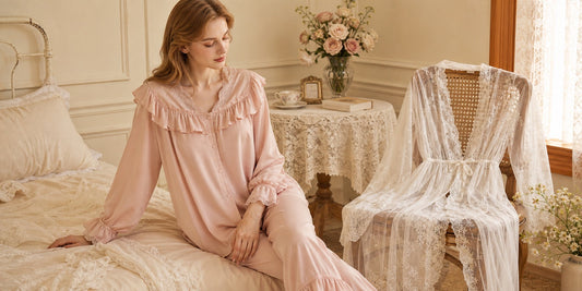 Slessic pink ruffled pajama set and white lace robe in a romantic evening routine bedroom scene