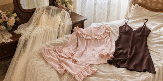 SlesSic nightdress, pink pajamas, and brown satin slip arranged as a sleepwear style guide