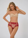 Blonde model wearing red semi-sheer lace boyshort underwear