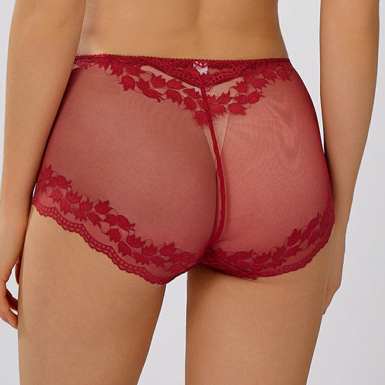 Back view of red mesh floral lace panties