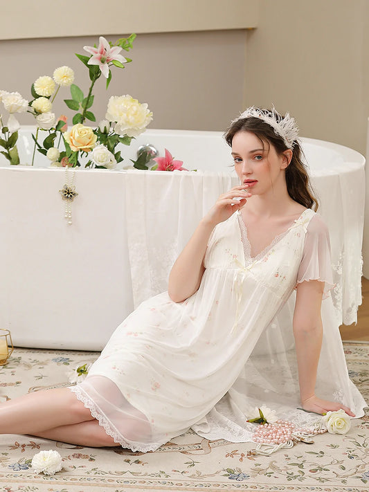 Slessic Romantic Exquisite Embroidered Sheer Mesh Floral Nightdress