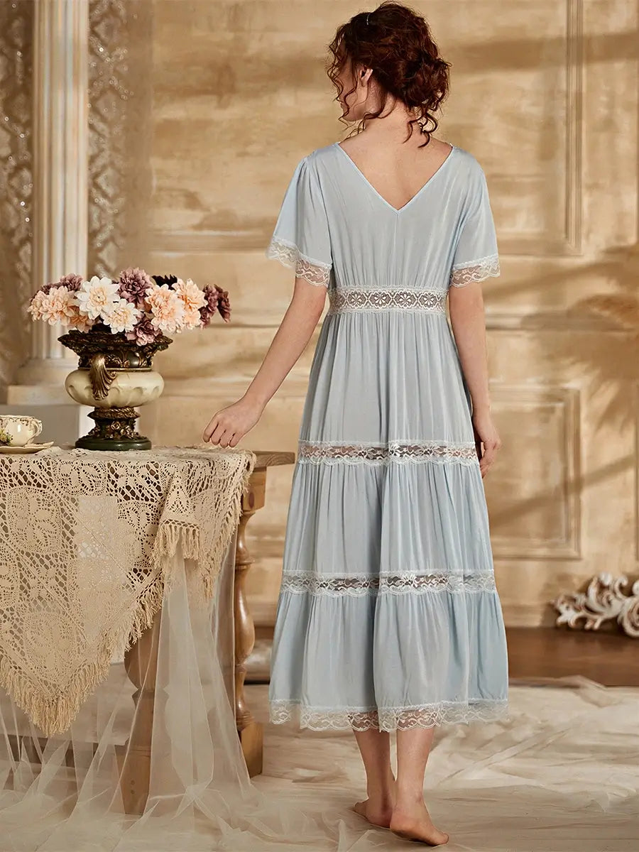 Light Blue Vintage V-neck Lace Cutouts Embroidered Splicing Noble Nightwear Nightdress