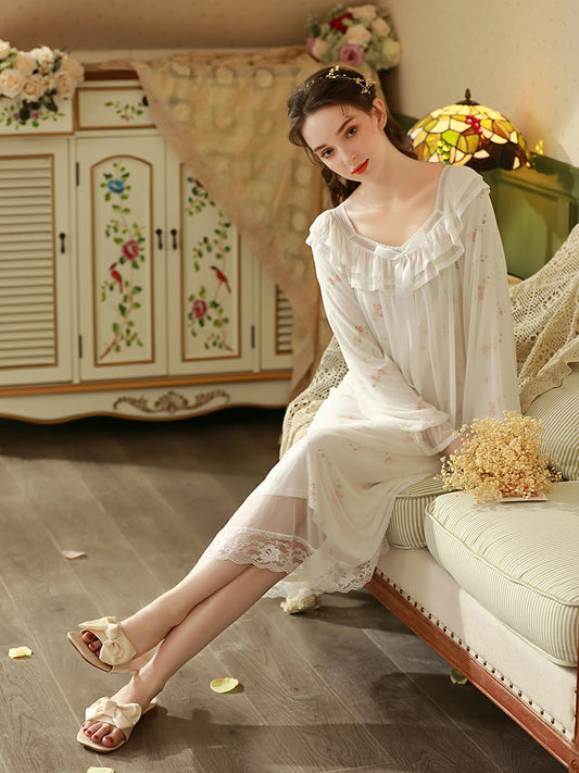 Slessic Vintage French Elegance Court Style Romantic Lace Floral Print Ruffled See-through Mesh Cute Bow Long-Sleeved Nightdress
