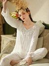 Romantic floral viscose pajama set with lace ruffle neckline